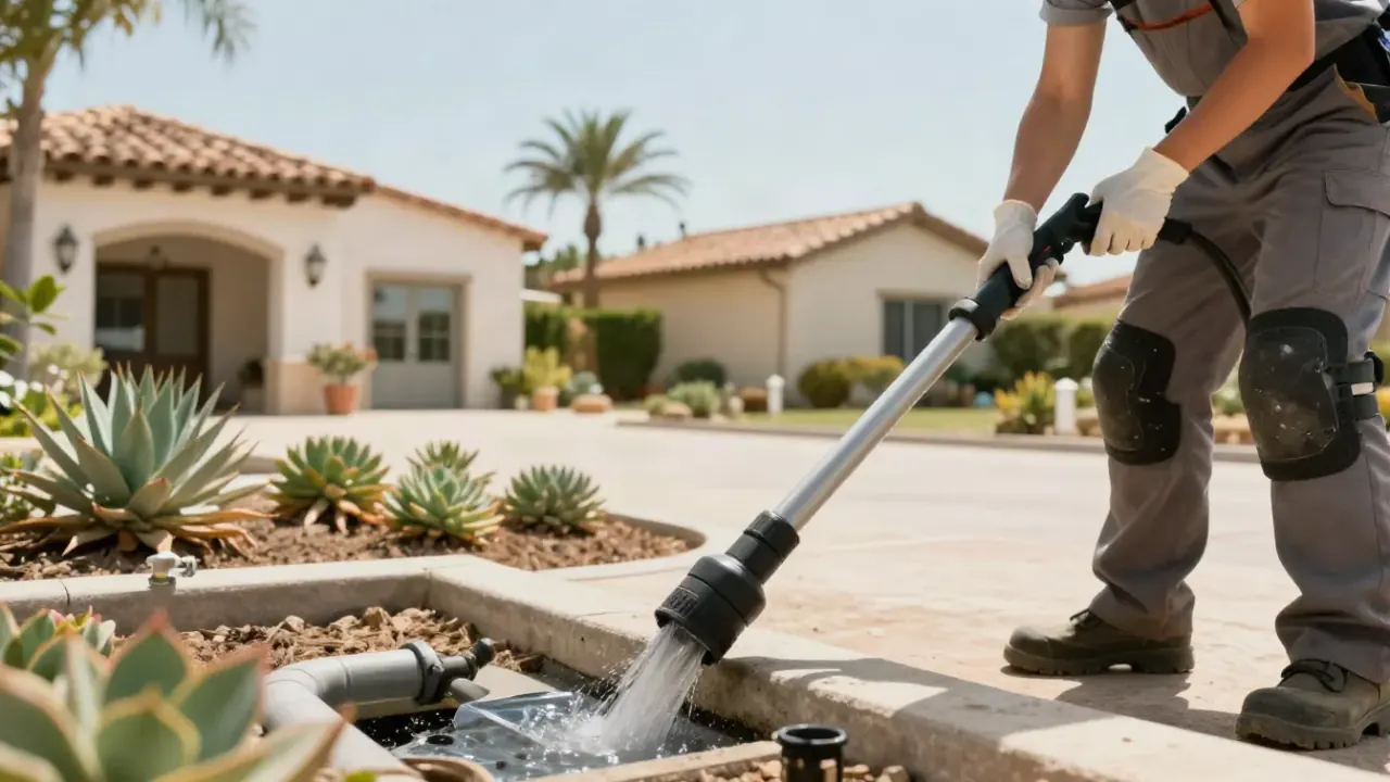 Drain Cleaning in Lake Forest, California: close-up of a heavy-duty hydro-jetting nozzle exiting a pipe after use, showing