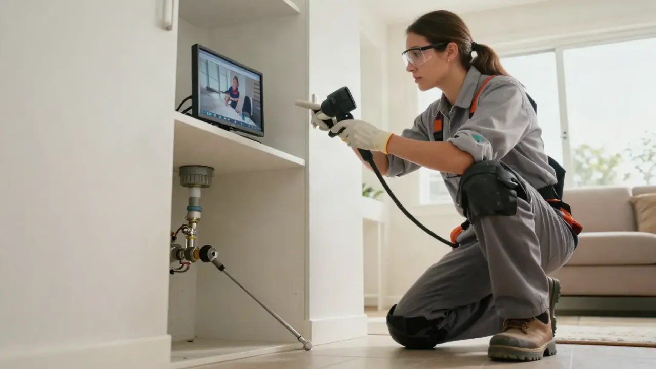 Drain Cleaning in Lake Forest, California: drain cleaning technician kneeling and explaining the video camera inspection