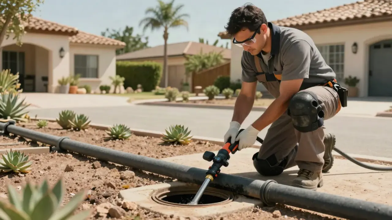Sewer Cleanout Installation in Lake Forest, California: drain cleaning technician carefully cutting a section of an existing