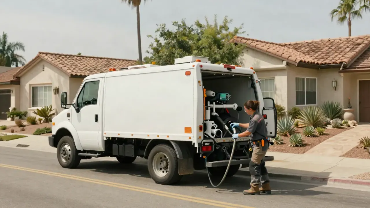 Drain Cleaning in Lake Forest, California: wide shot of a drain cleaning service truck, unbranded and clean, parked on a