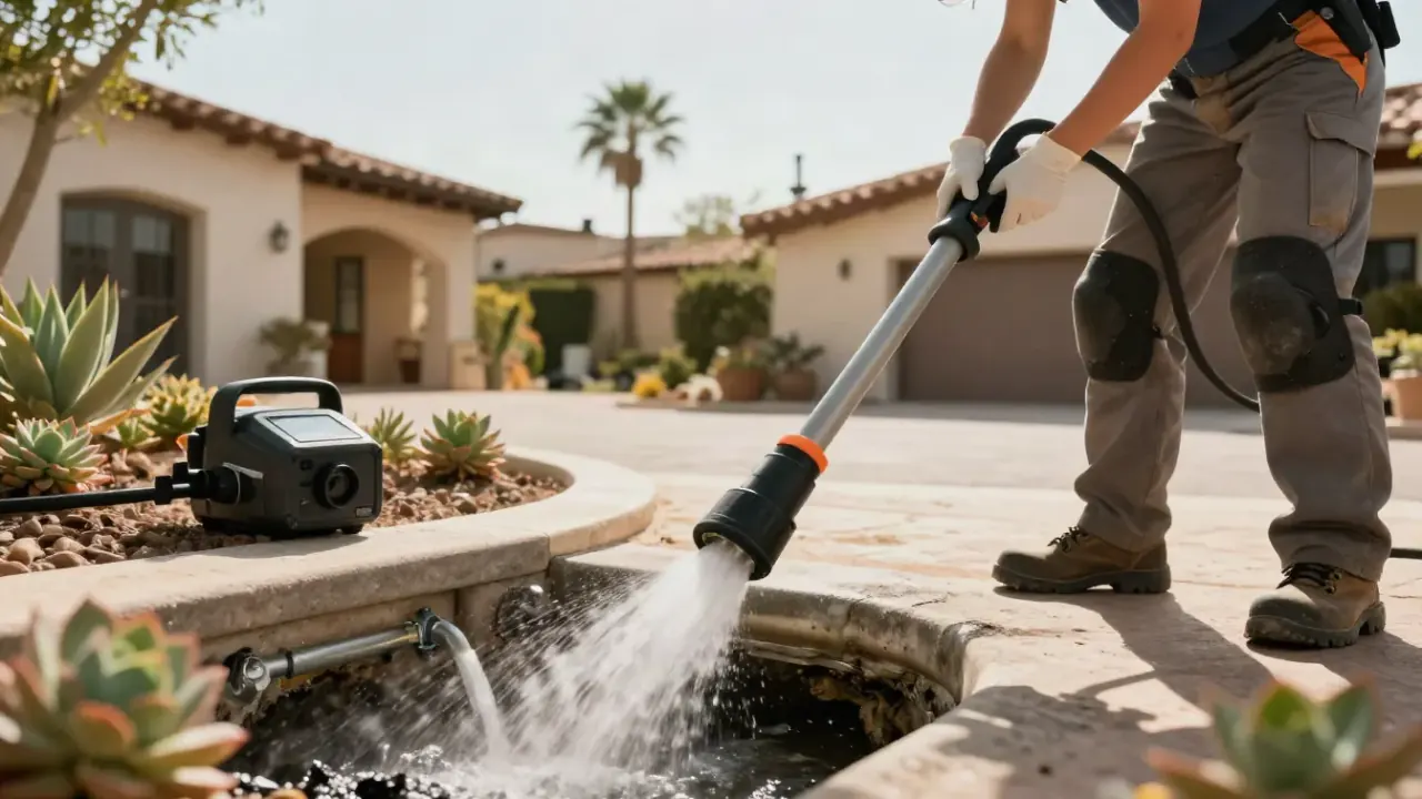 Hydro Jetting in Lake Forest, California: close-up shot of the hydro-jetting nozzle entering a drain pipe opening, with